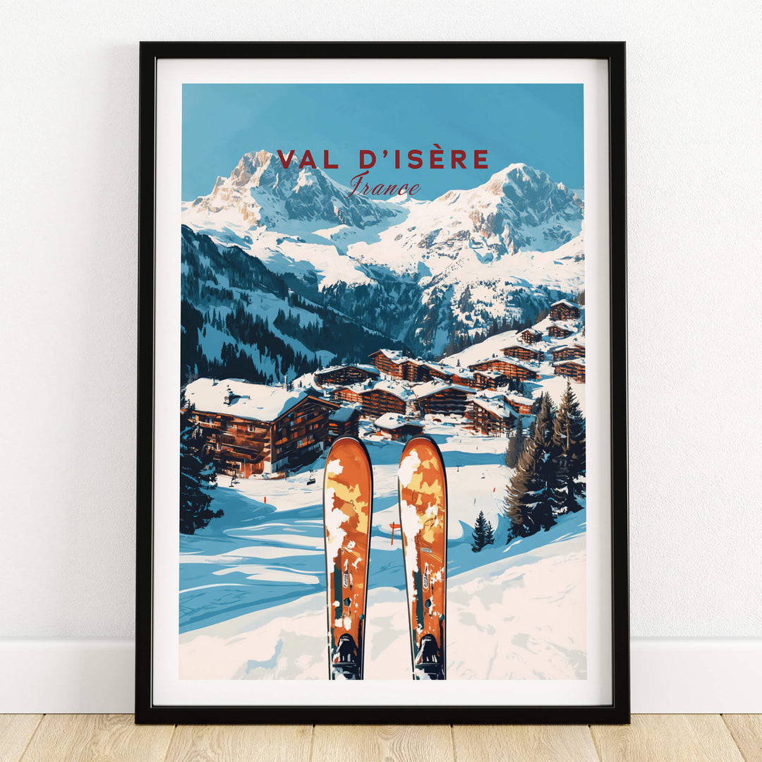 Val-d'Isère Ski Print featuring stunning mountain scenery and skis in the foreground, perfect for ski enthusiasts.