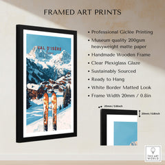Val-d'Isère Ski Print framed art features stunning mountain scenery and ski gear with a handmade wooden frame.