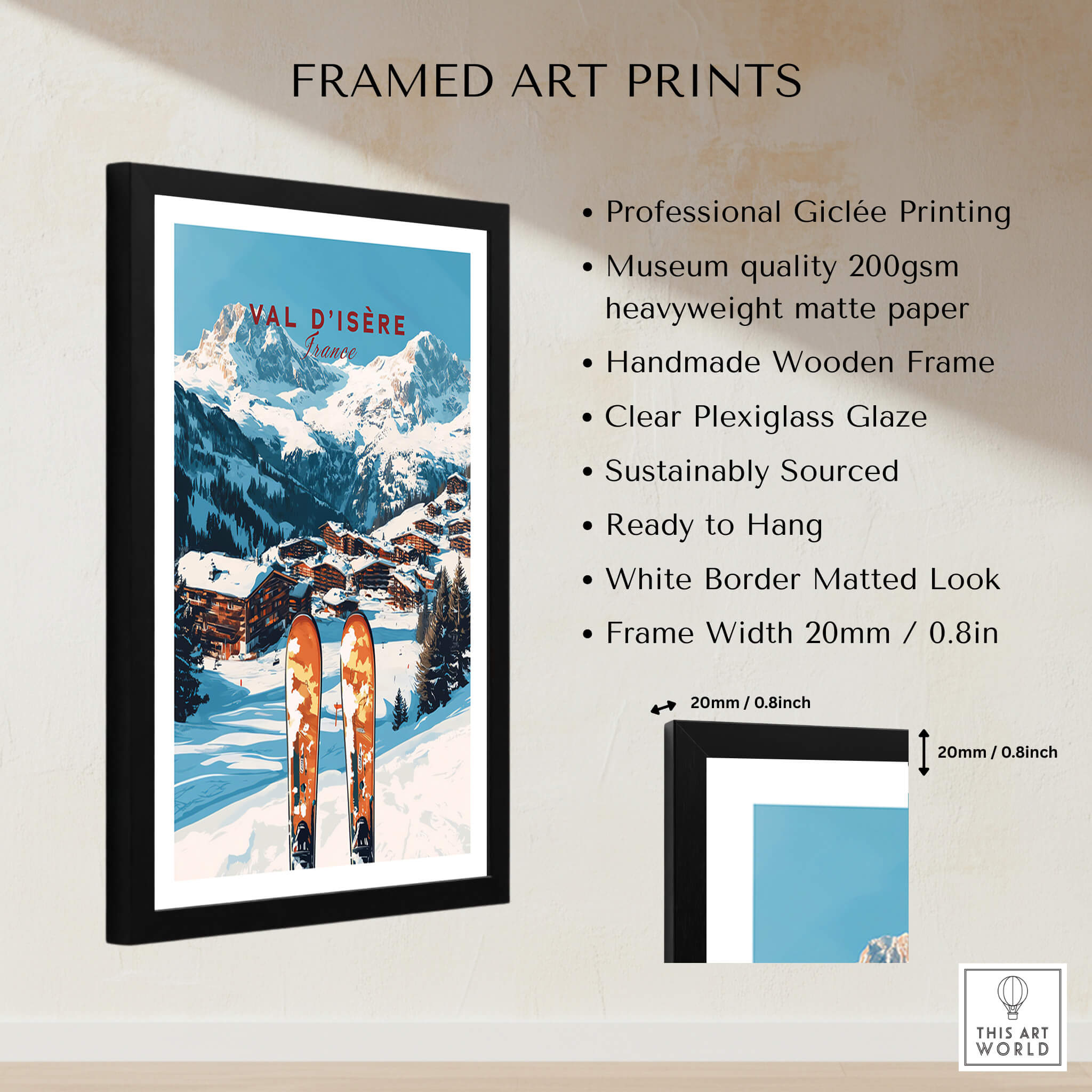 Val-d'Isère Ski Print framed art features stunning mountain scenery and ski gear with a handmade wooden frame.