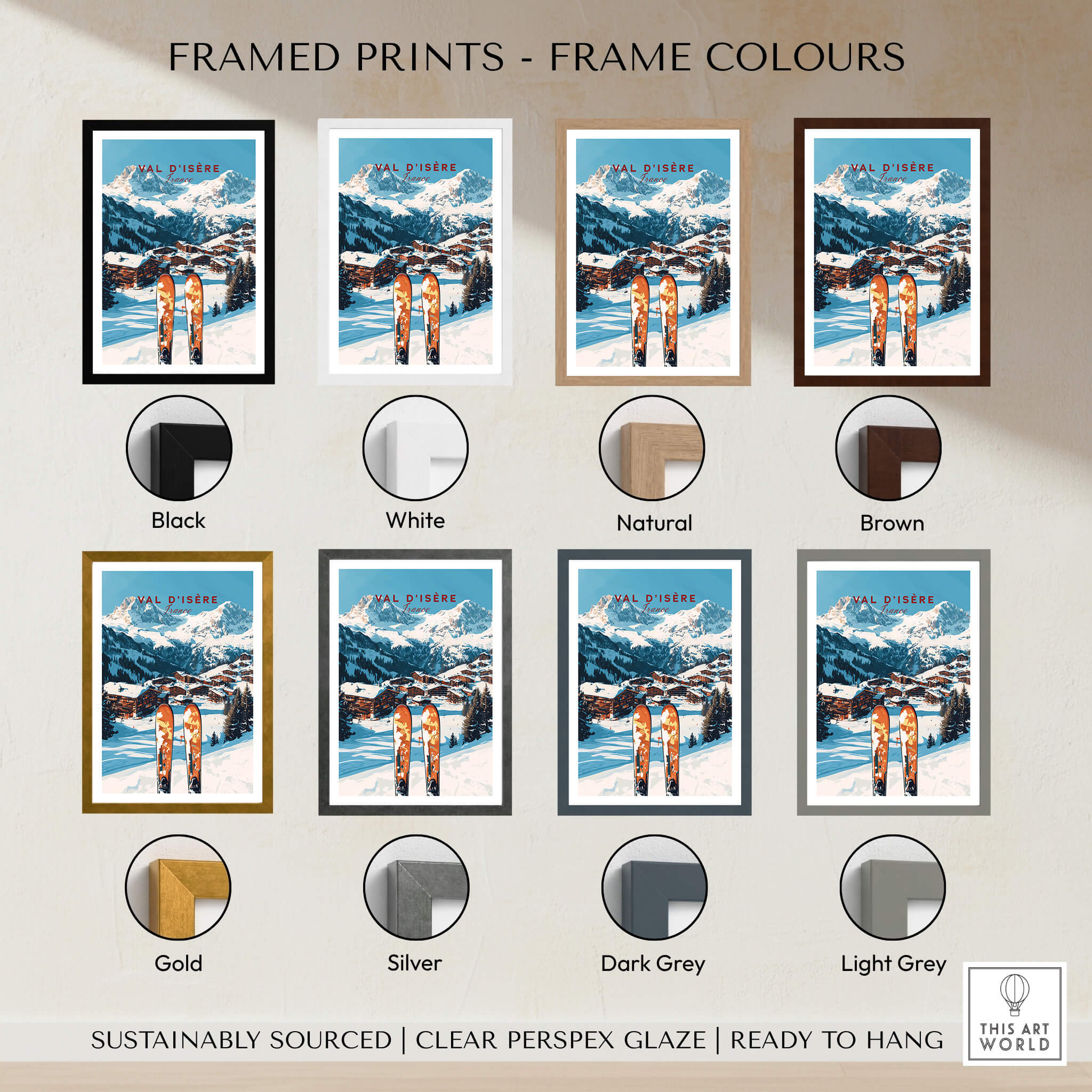 Val-d'Isère Ski Print framed in various colors including black, white, natural, brown, gold, silver, dark grey, and light grey.