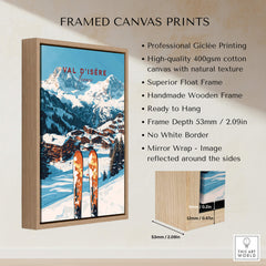 Val-d'Isère Ski Print framed canvas with skis in breathtaking mountain scenery, perfect wall art for skiers and travel enthusiasts.