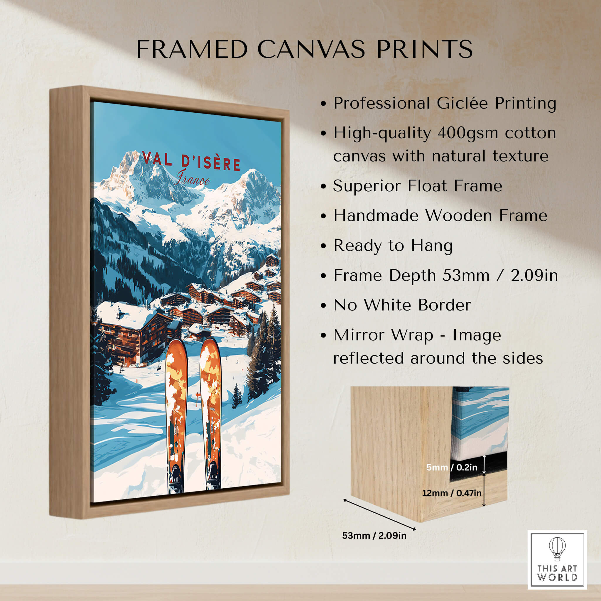 Val-d'Isère Ski Print framed canvas with skis in breathtaking mountain scenery, perfect wall art for skiers and travel enthusiasts.