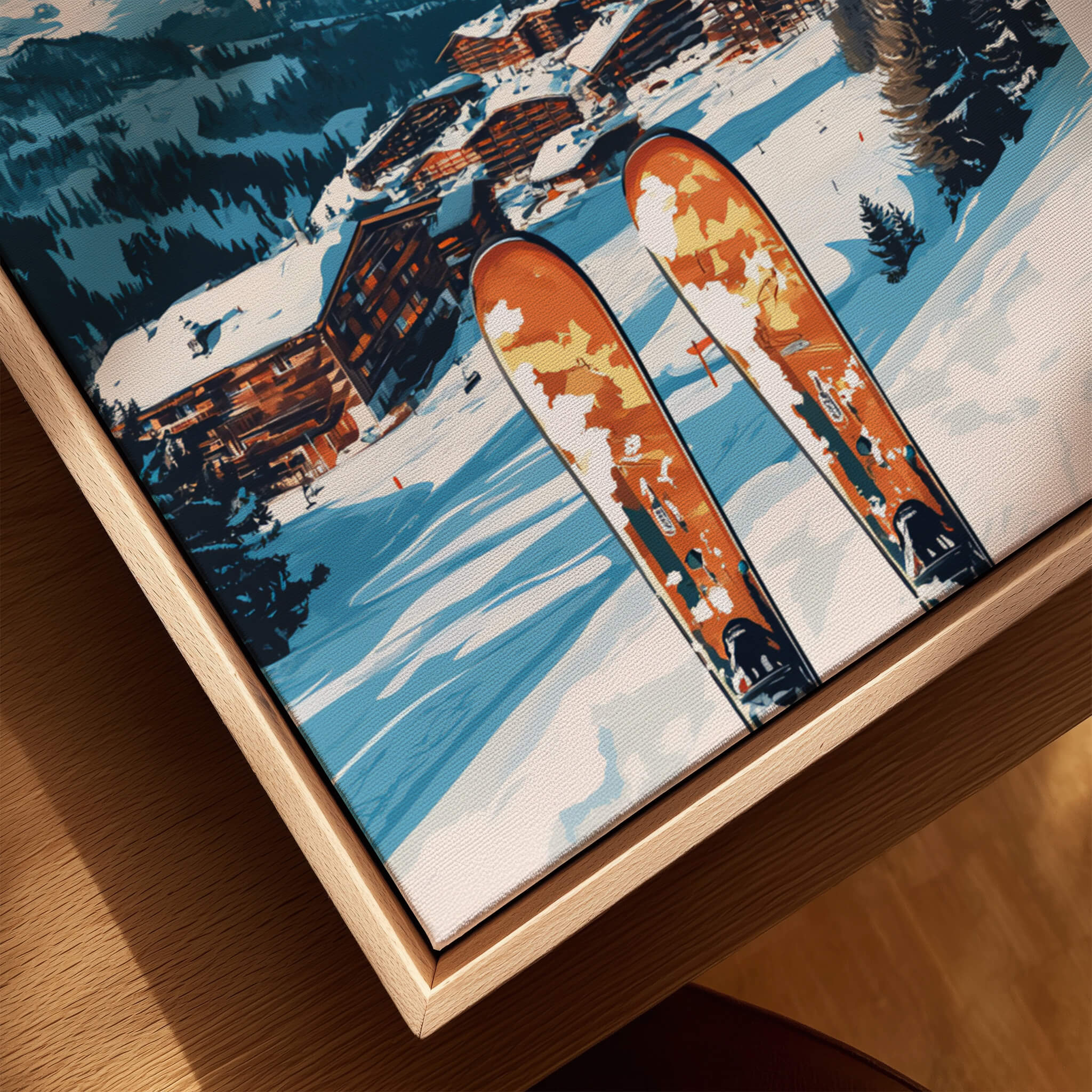 Val-d'Isère Ski Print featuring vibrant ski equipment on snowy slopes of Val-d'Isère, France.