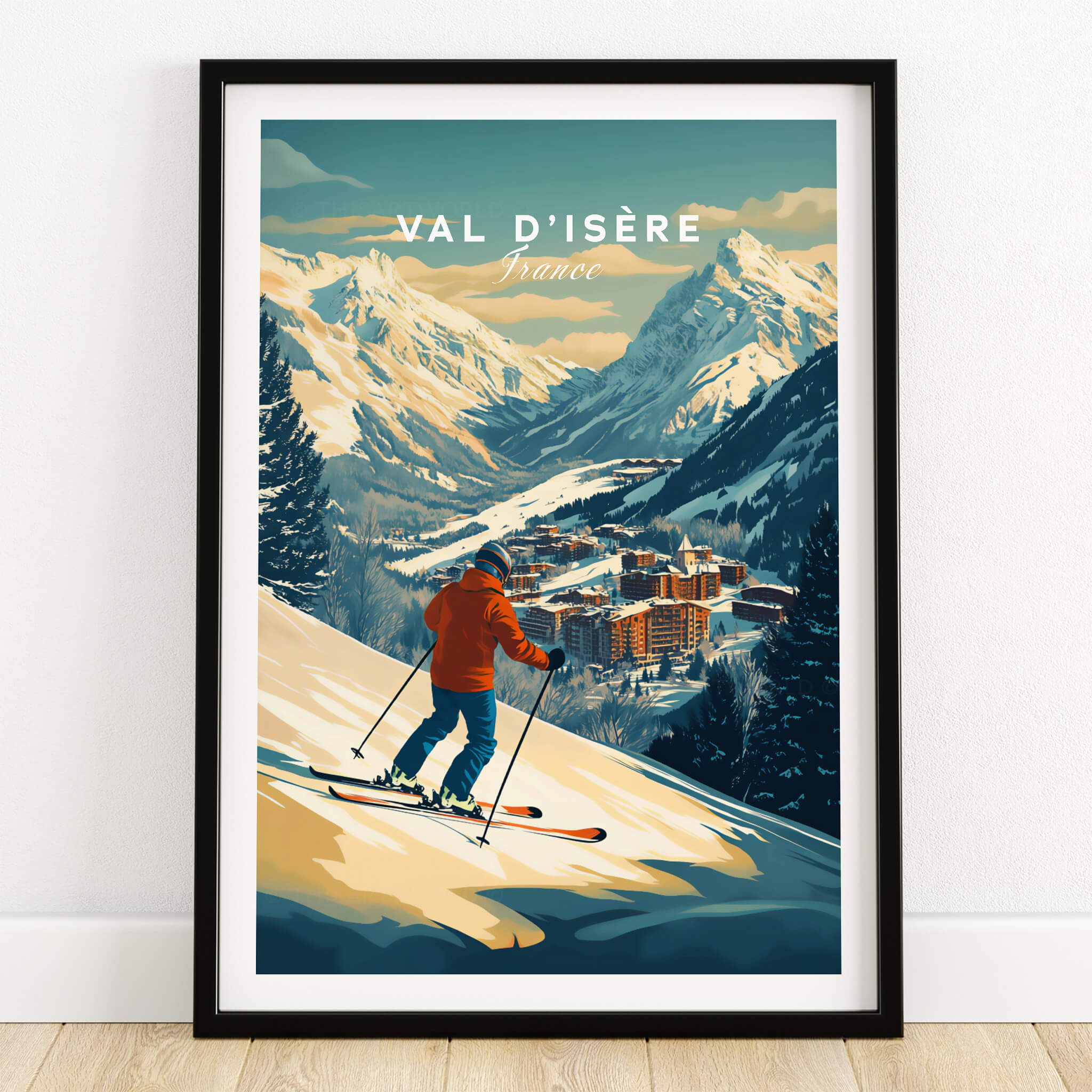 Val-d'Isère Wall Art Ski Print showcasing a skier on slopes with mountains in the background, epitomizing ski culture in Val-d'Isère.
