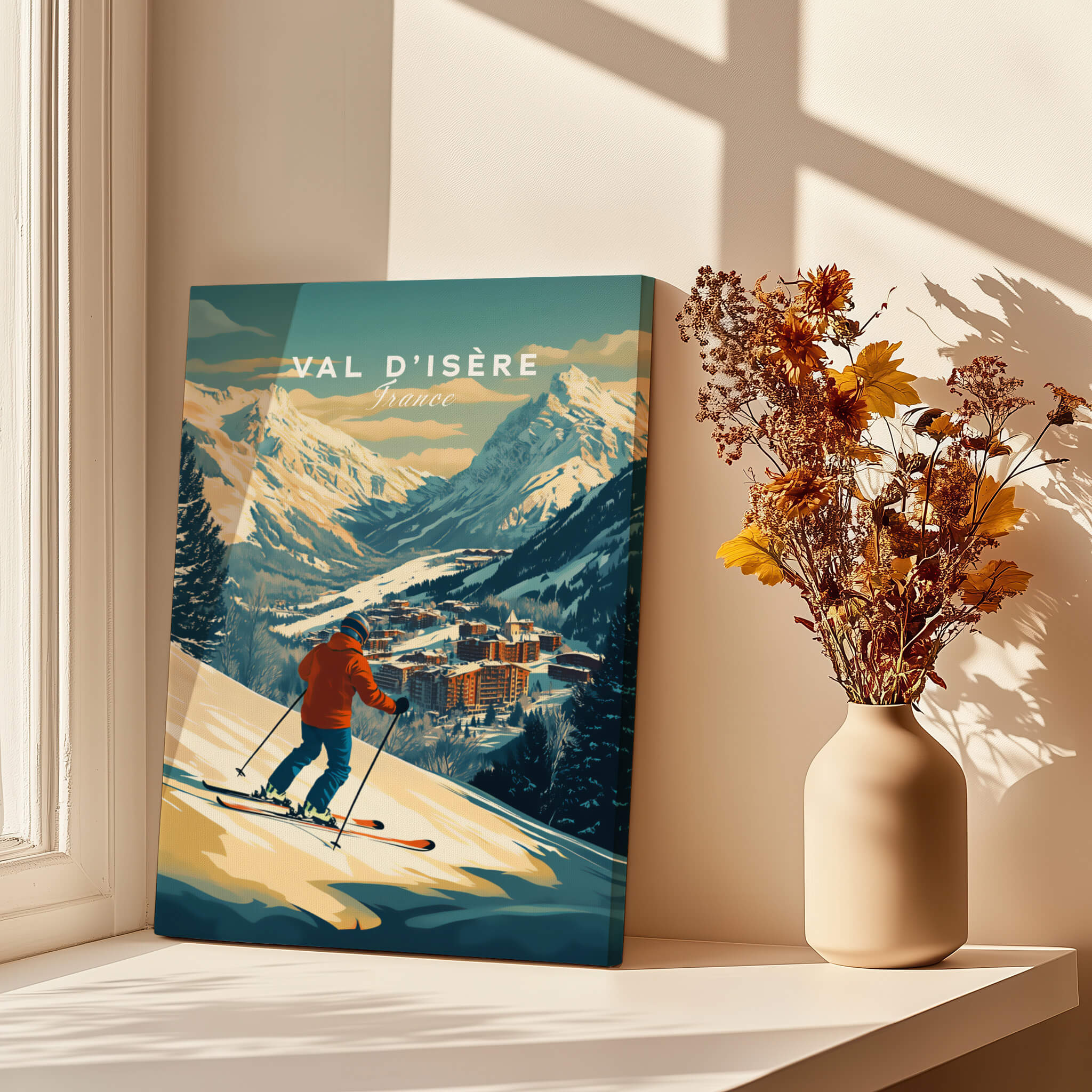 Val-d'Isère Wall Art Ski Print featuring a skier on a snowy slope with mountain views and a cozy interior setting.