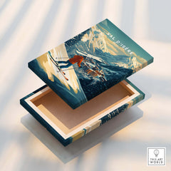 Val-d'Isère Wall Art Ski Print showcasing a ski enthusiast on slopes with a scenic mountain backdrop.