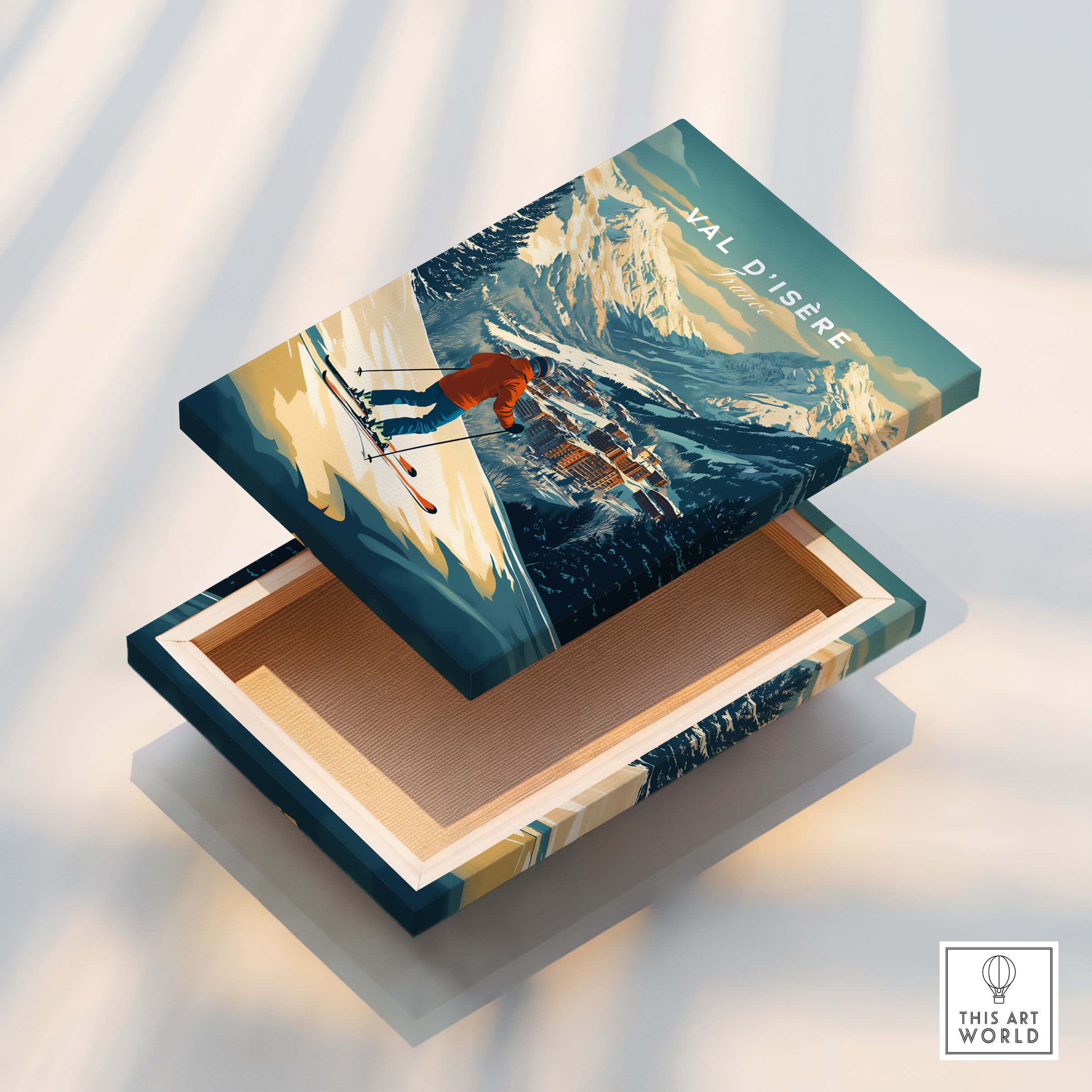 Val-d'Isère Wall Art Ski Print showcasing a ski enthusiast on slopes with a scenic mountain backdrop.