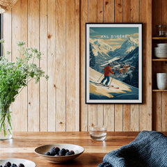 Val-d'Isère Wall Art Ski Print showcasing a skier on snowy slopes with a mountain backdrop, perfect for ski enthusiasts.