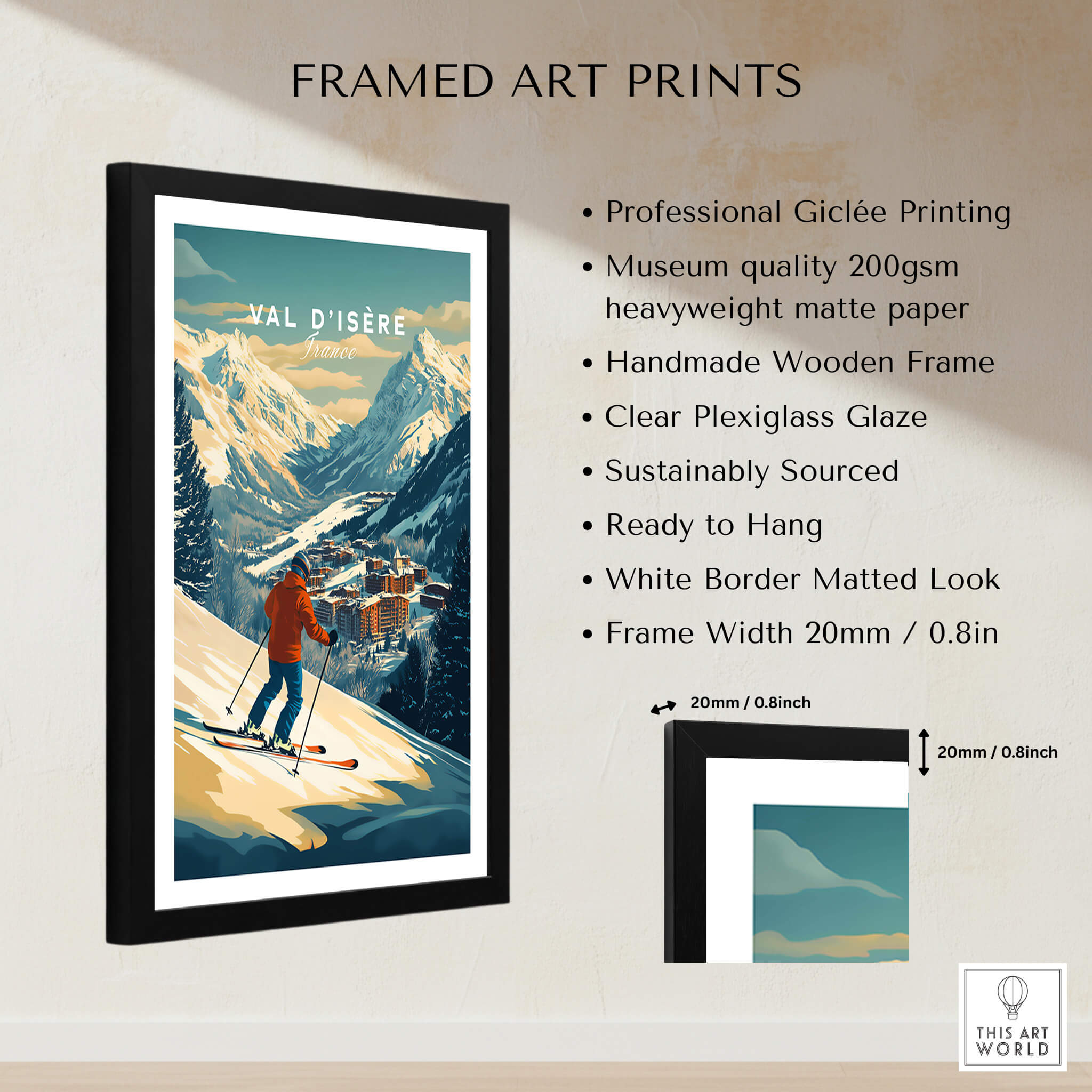 Val-d'Isère Wall Art Ski Print showcasing a skier against a mountainous backdrop in a stylish frame.
