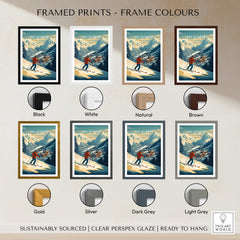 Val-d'Isère Wall Art Ski Print framed in various colors including black, white, natural, brown, gold, silver, dark grey, and light grey.