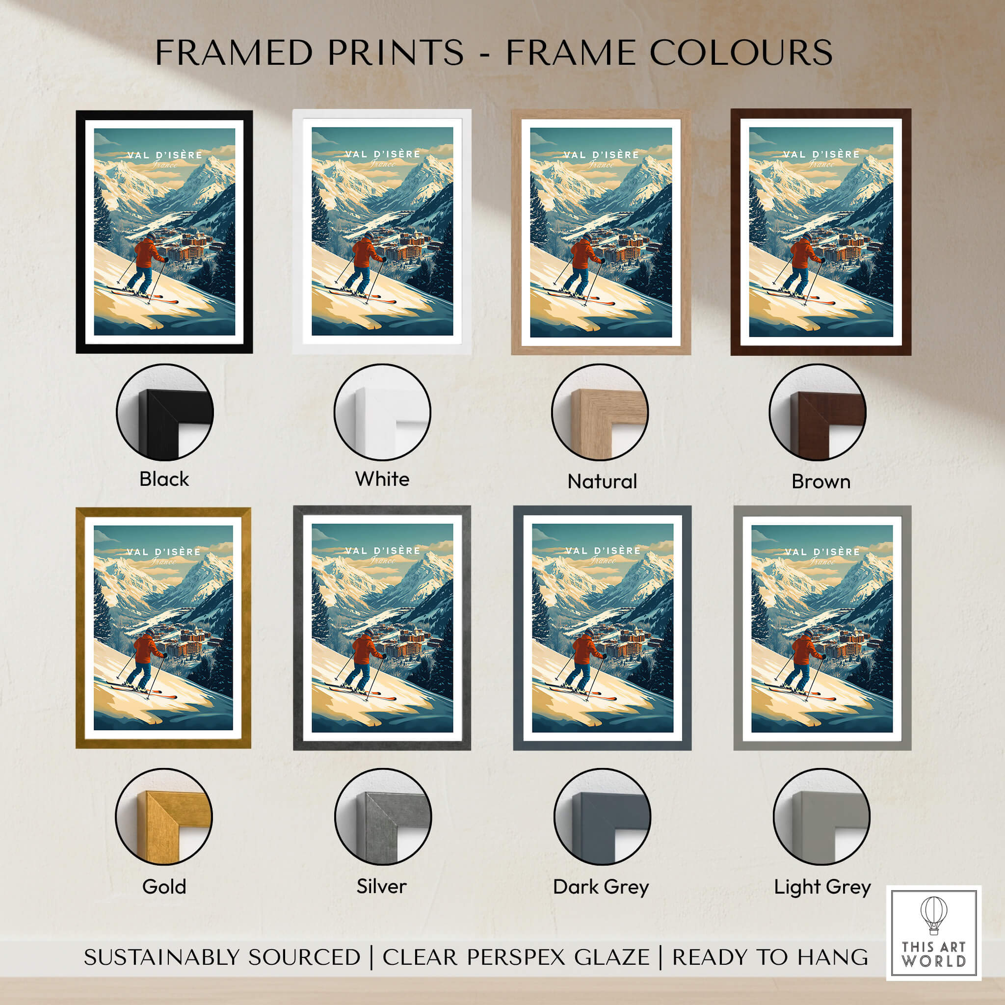 Val-d'Isère Wall Art Ski Print framed in various colors including black, white, natural, brown, gold, silver, dark grey, and light grey.