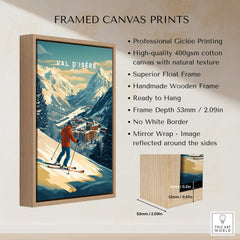 Val-d'Isère Wall Art Ski Print featuring a skier in the mountains, framed canvas with wooden frame, ready to hang.