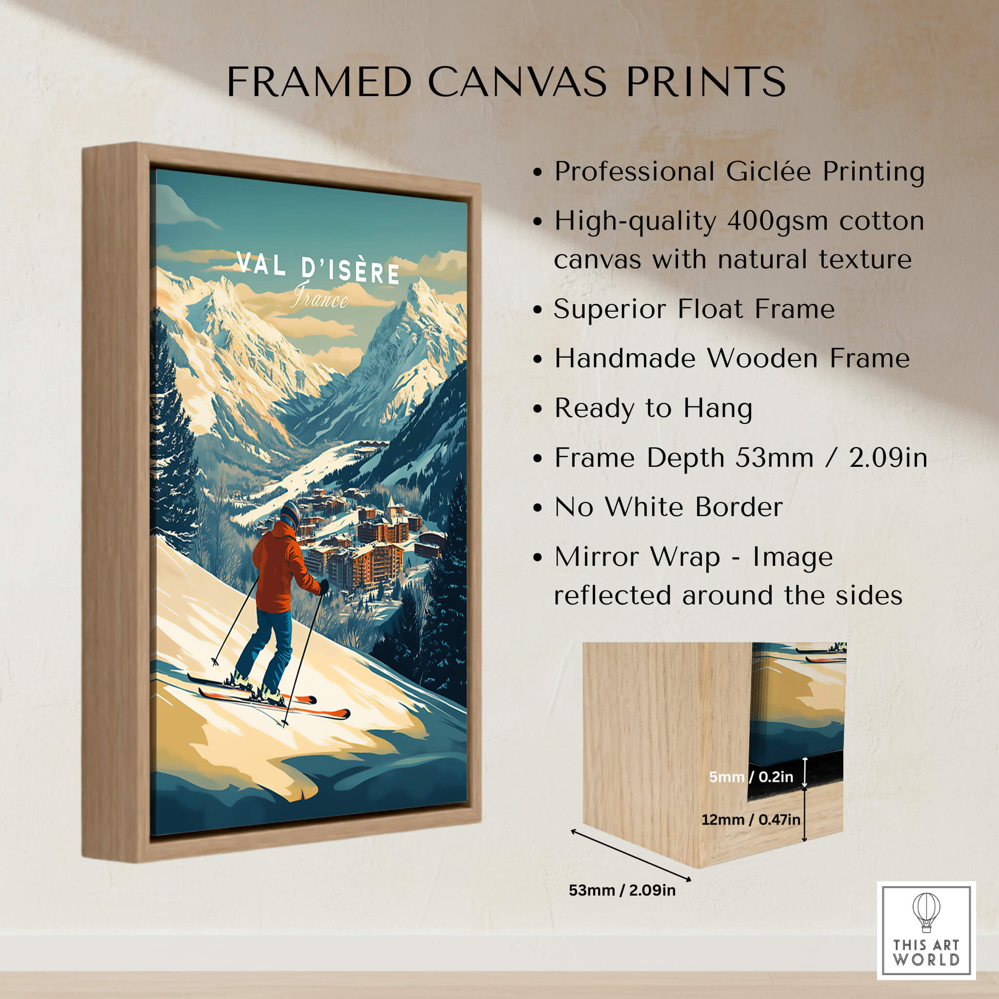 Val-d'Isère Wall Art Ski Print featuring a skier in the mountains, framed canvas with wooden frame, ready to hang.