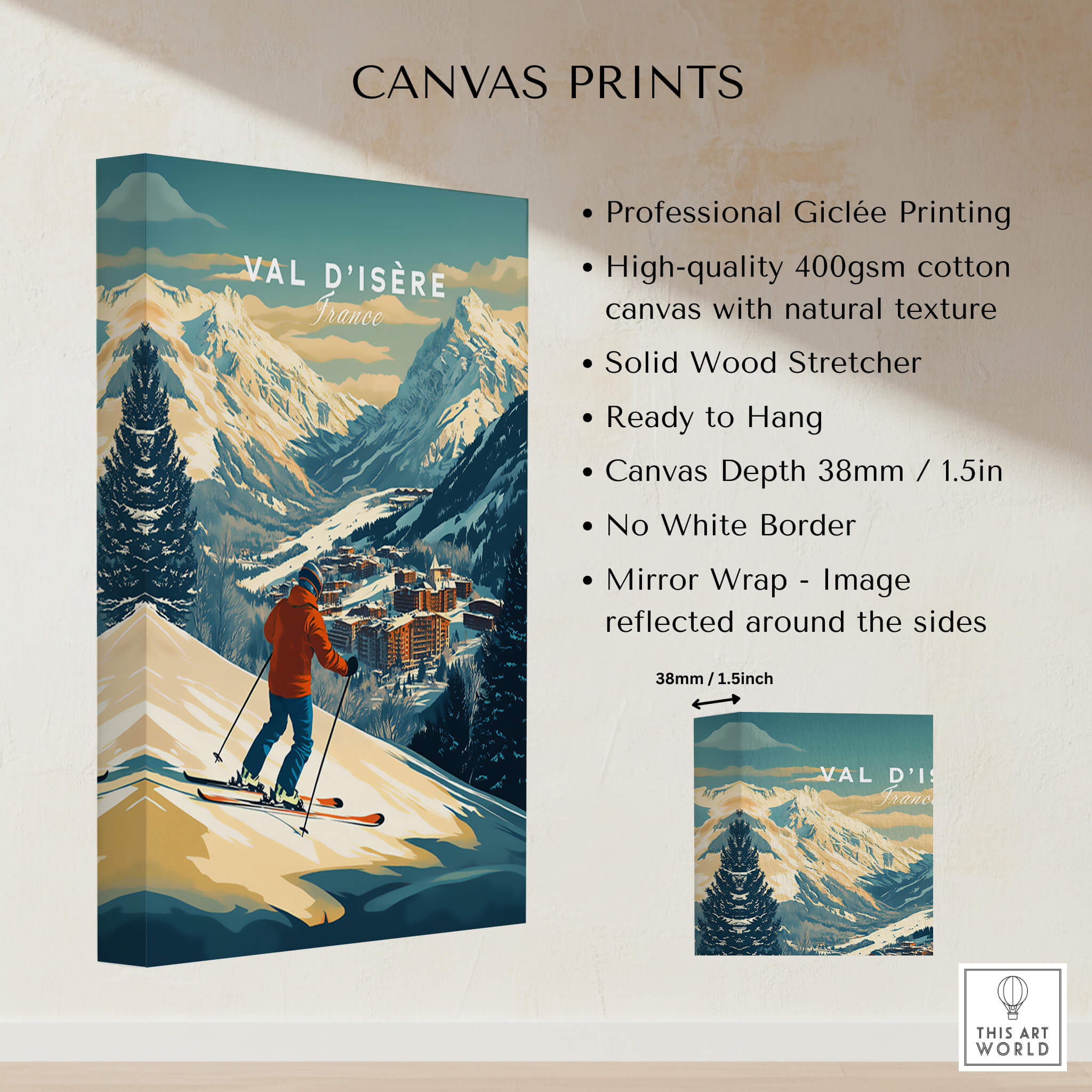 Val-d'Isère Wall Art Ski Print showcasing professional Giclée printing with stunning ski scene in the French Alps.