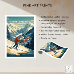 Val-d'Isère Wall Art Ski Print featuring a skier on slopes with stunning mountain backdrop and vibrant colors.