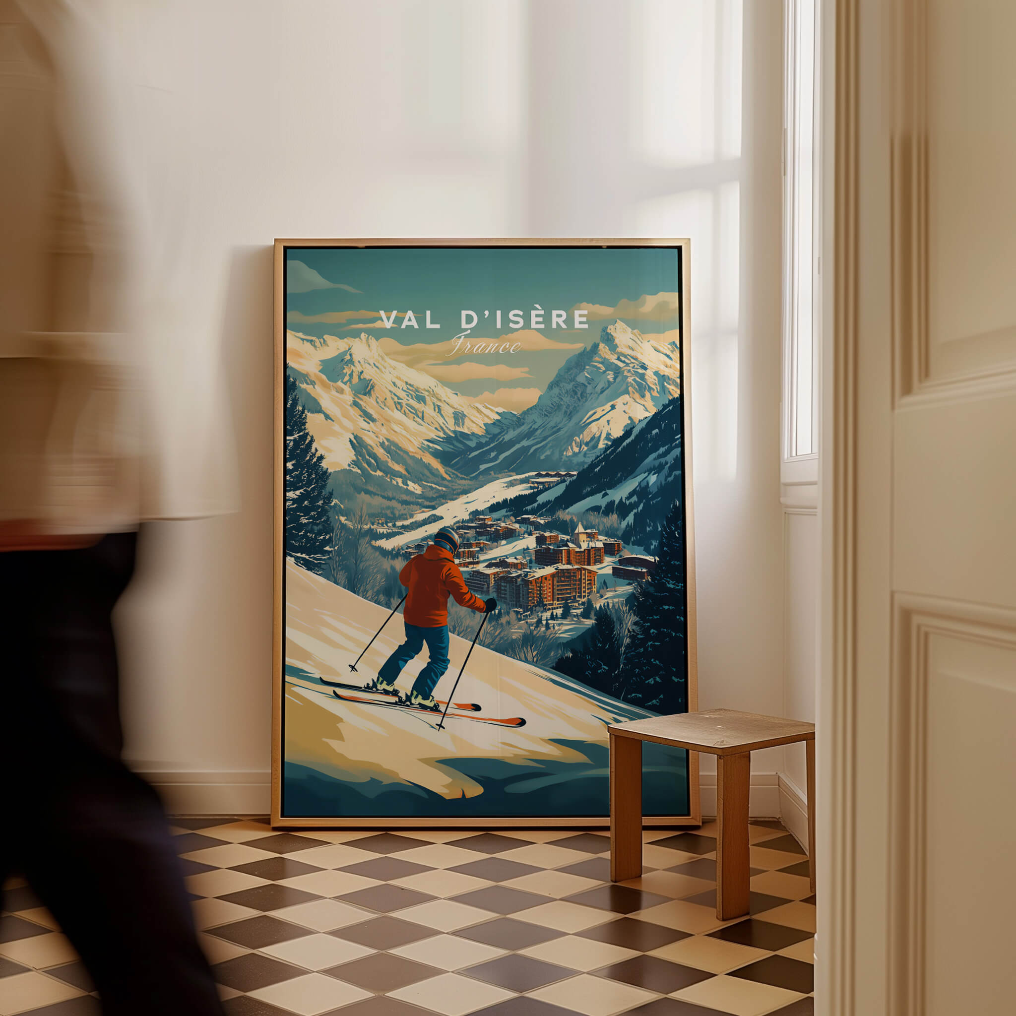 Val-d'Isère Wall Art Ski Print featuring a skier on snowy slopes with a mountain backdrop.