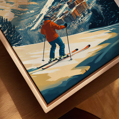 Val-d'Isère Wall Art Ski Print featuring a skier on slopes with mountains in background, perfect for ski enthusiasts.