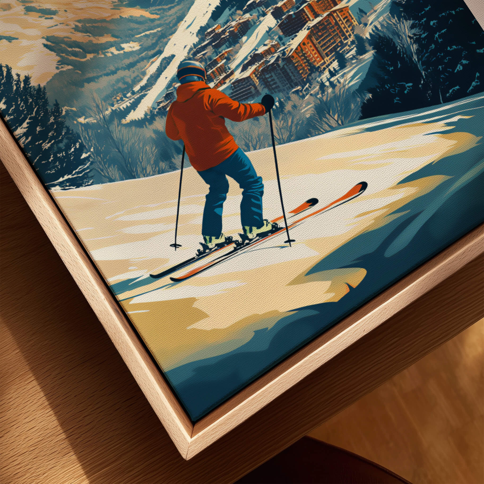 Val-d'Isère Wall Art Ski Print featuring a skier on slopes with mountains in background, perfect for ski enthusiasts.