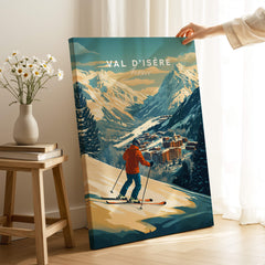 Val-d'Isère Wall Art Ski Print featuring a skier on the slopes with mountains and village in the background.