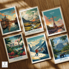 Val-d'Isère Wall Art Ski Print among travel posters of Venice, Paris, Singapore, The Highlands, and Sri Lanka.