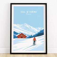 Val-d'Isère Poster France showcasing a skier against a snowy mountain backdrop and a charming chalet.