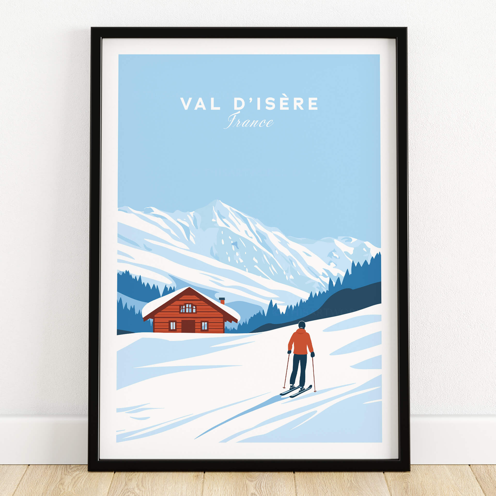 Val-d'Isère Poster France showcasing a skier against a snowy mountain backdrop and a charming chalet.