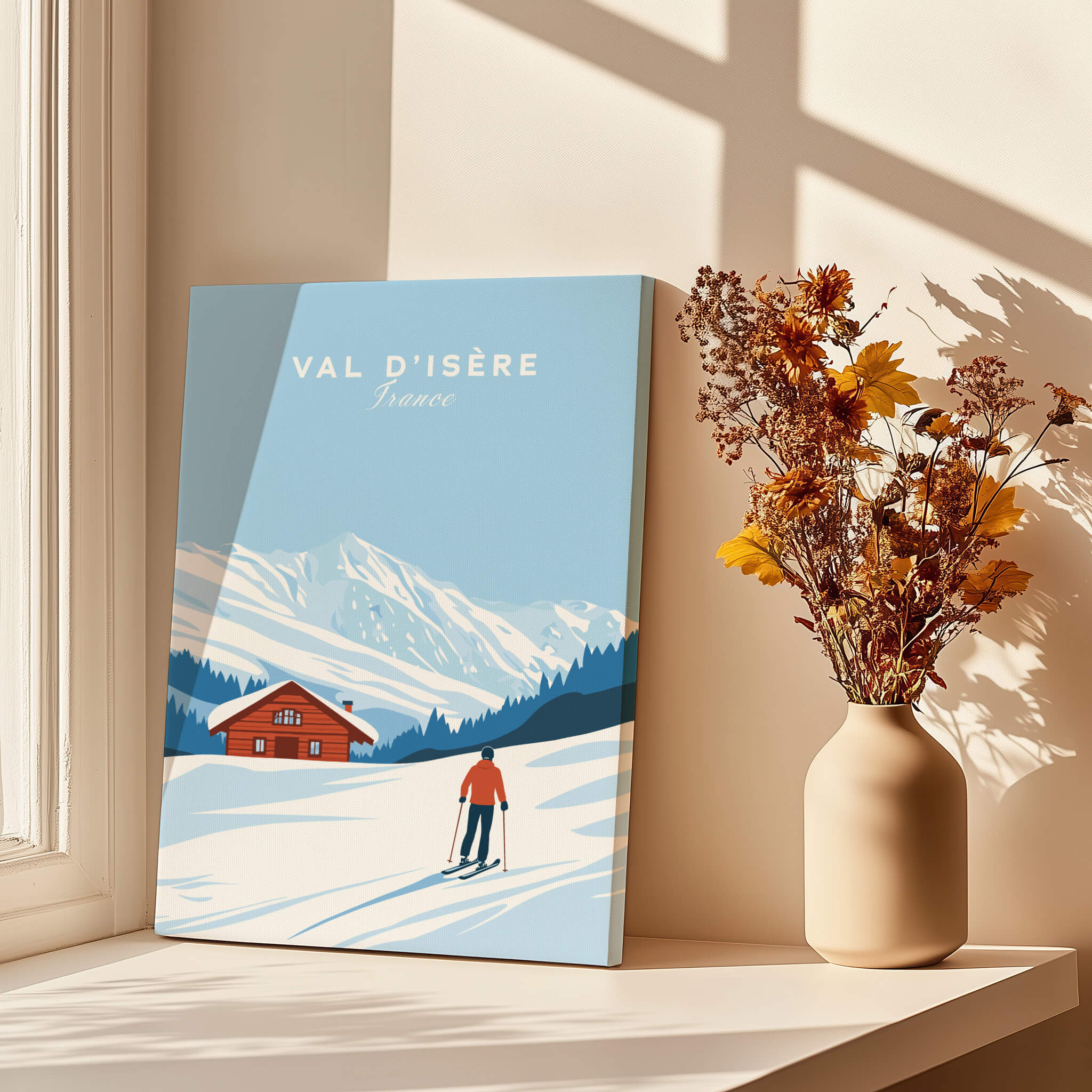 Val-d'Isère Poster France showcasing a skier in a snowy landscape with a charming chalet.