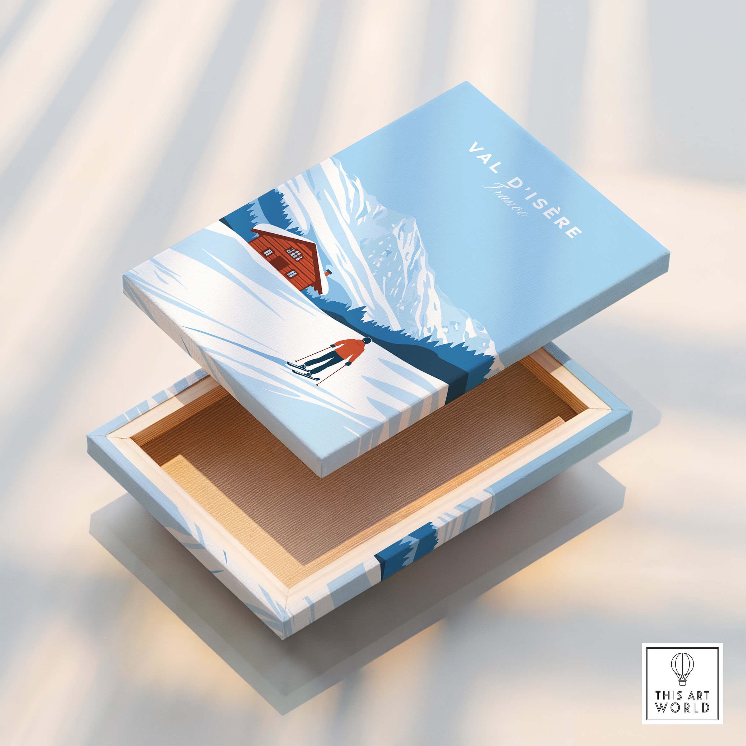 Val-d'Isère Poster France artistic print of a snowy landscape with a cabin and skier.