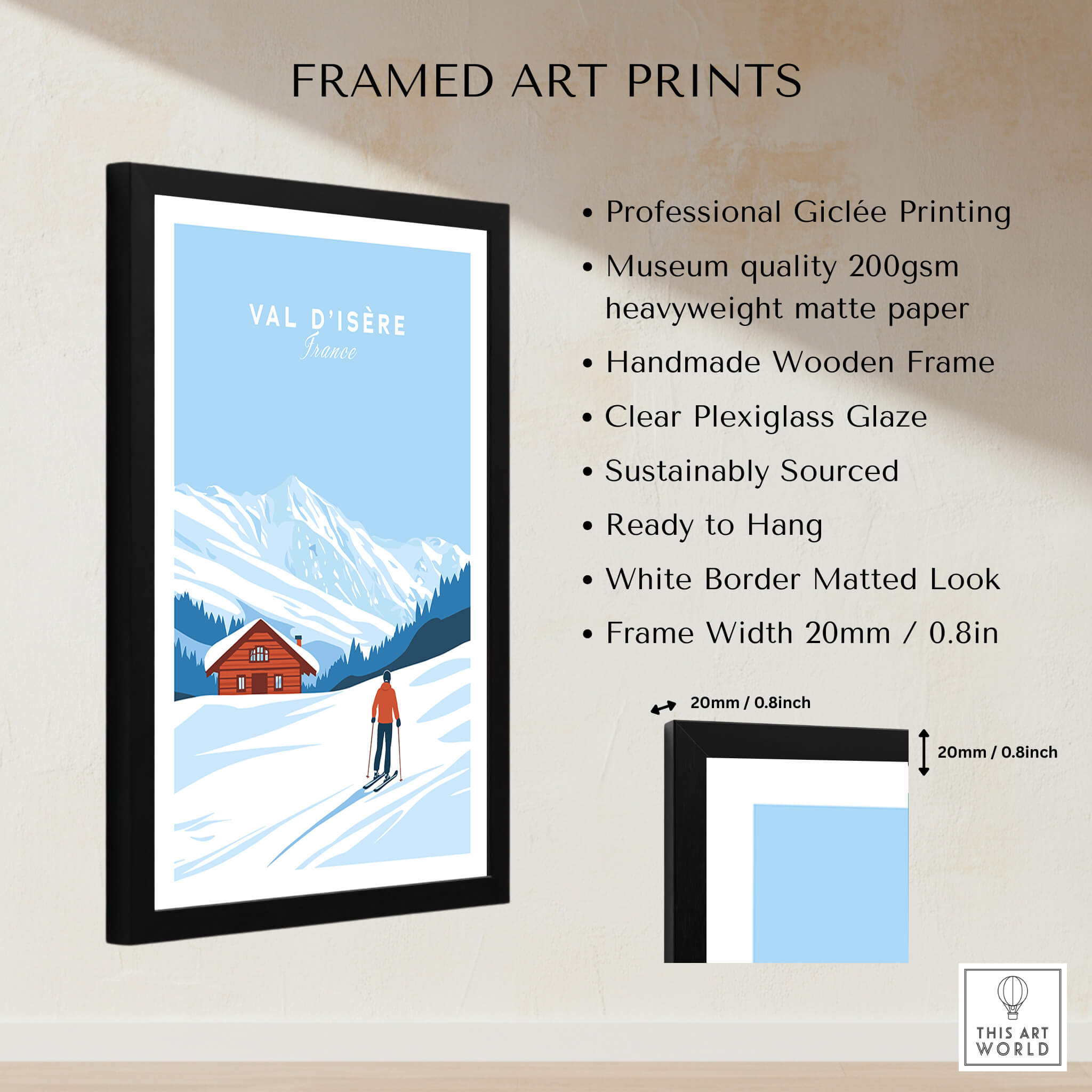 Val-d'Isère Poster France framed art print featuring snowy mountains and a charming village scene.
