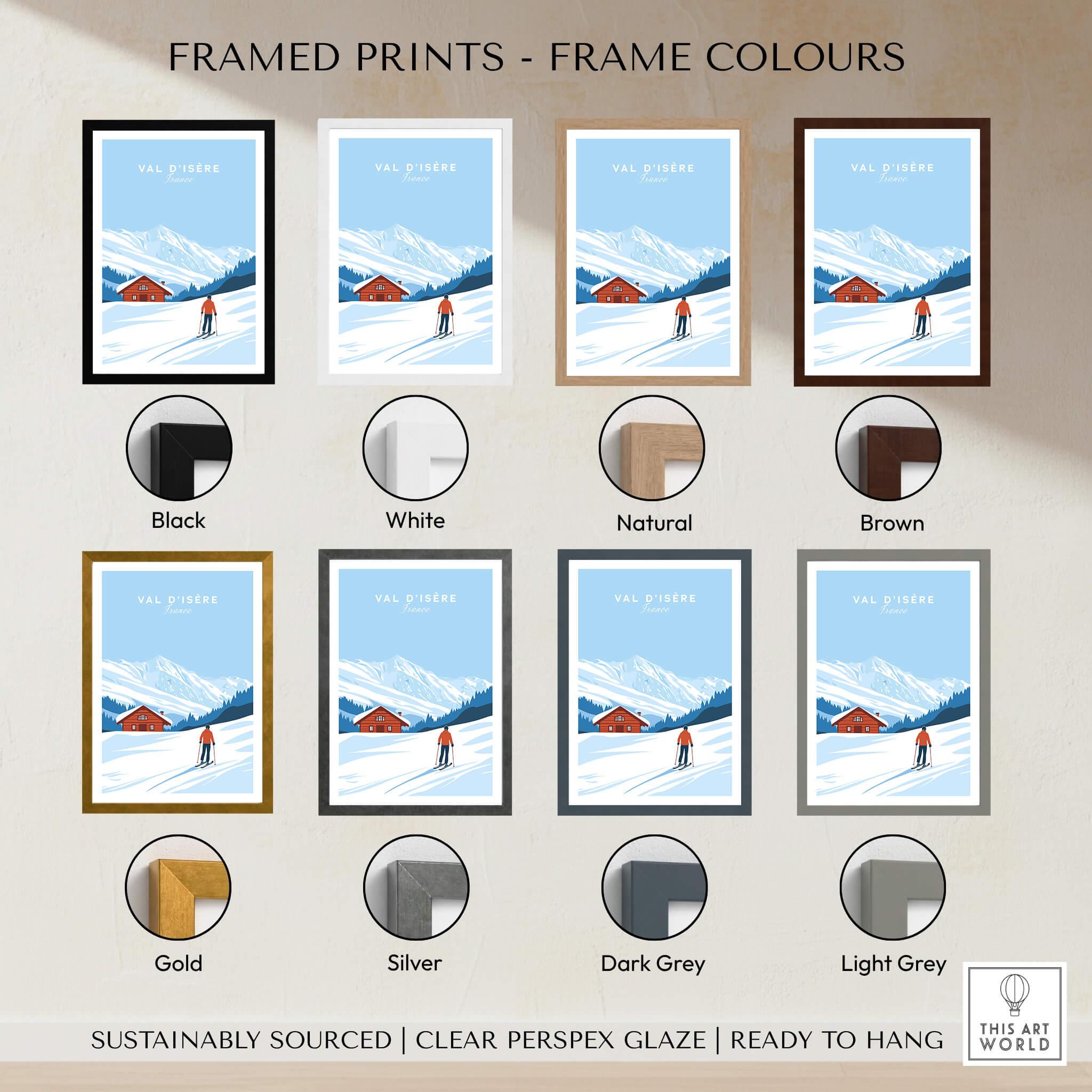 Framed prints in various colors showcasing the Val-d'Isère Poster France for home decor.