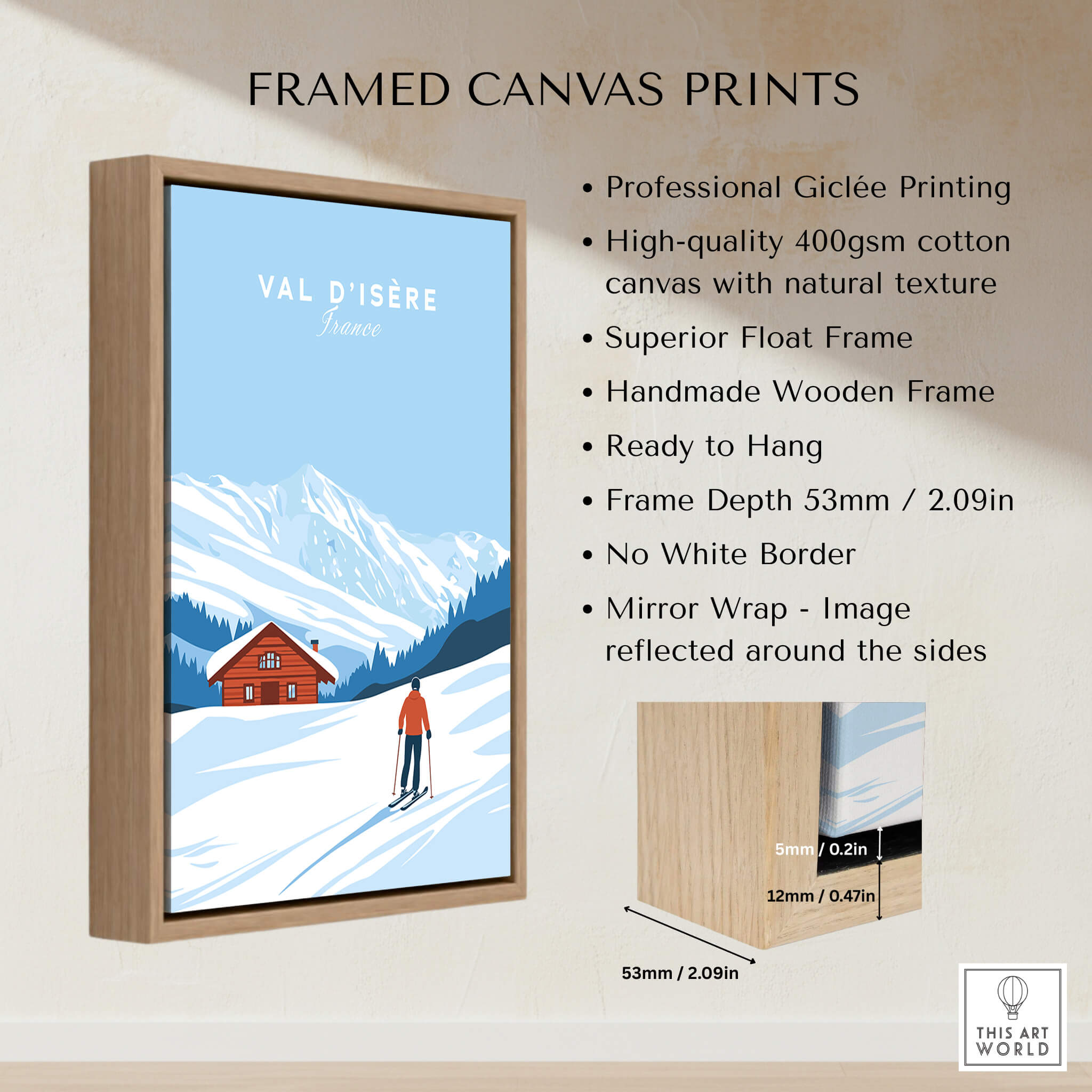 Val-d'Isère Poster France framed canvas print showcasing snowy slopes and charming chalets
