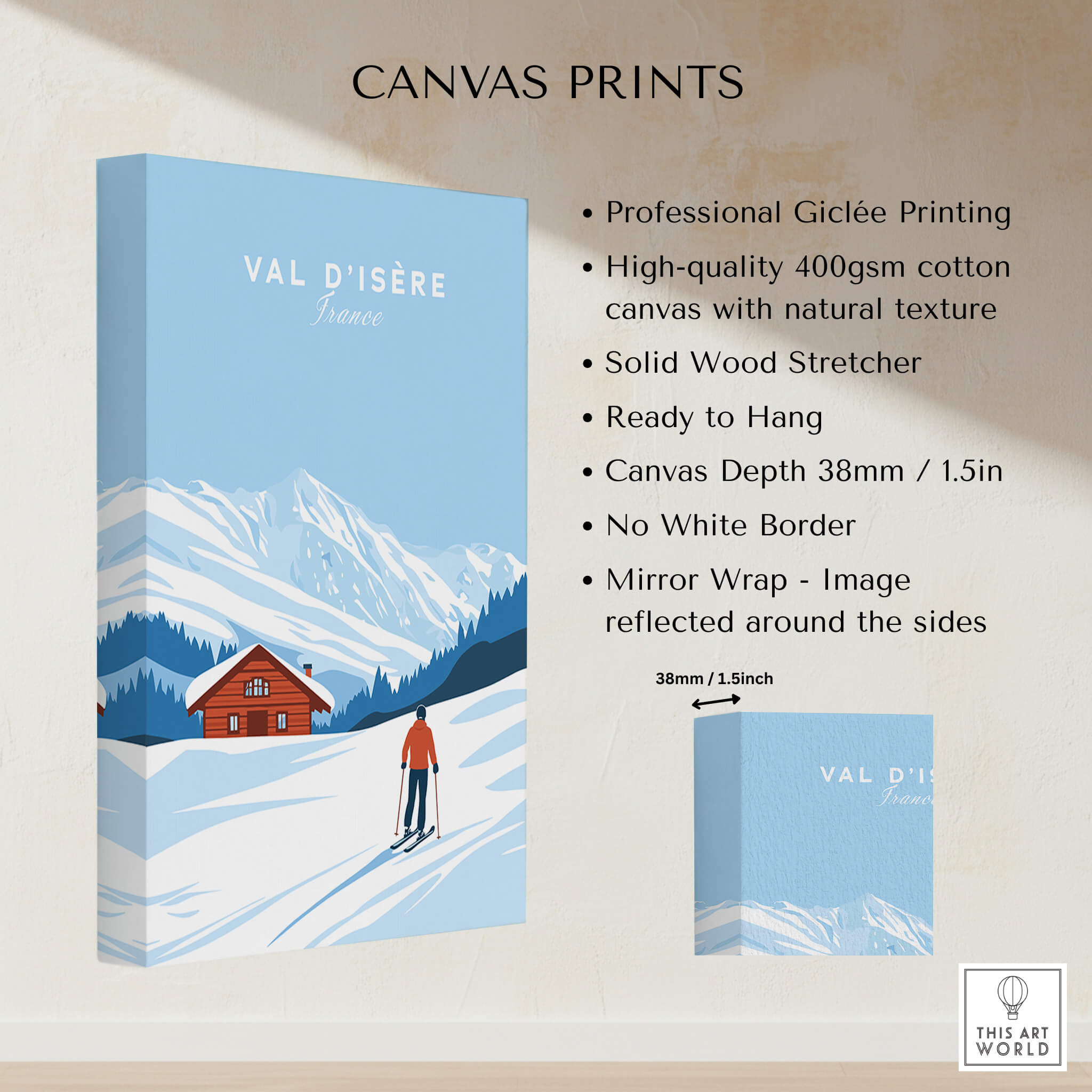 Val-d'Isère Poster France showcasing a ski scene with snowy mountains and a cozy cabin, perfect for decor.