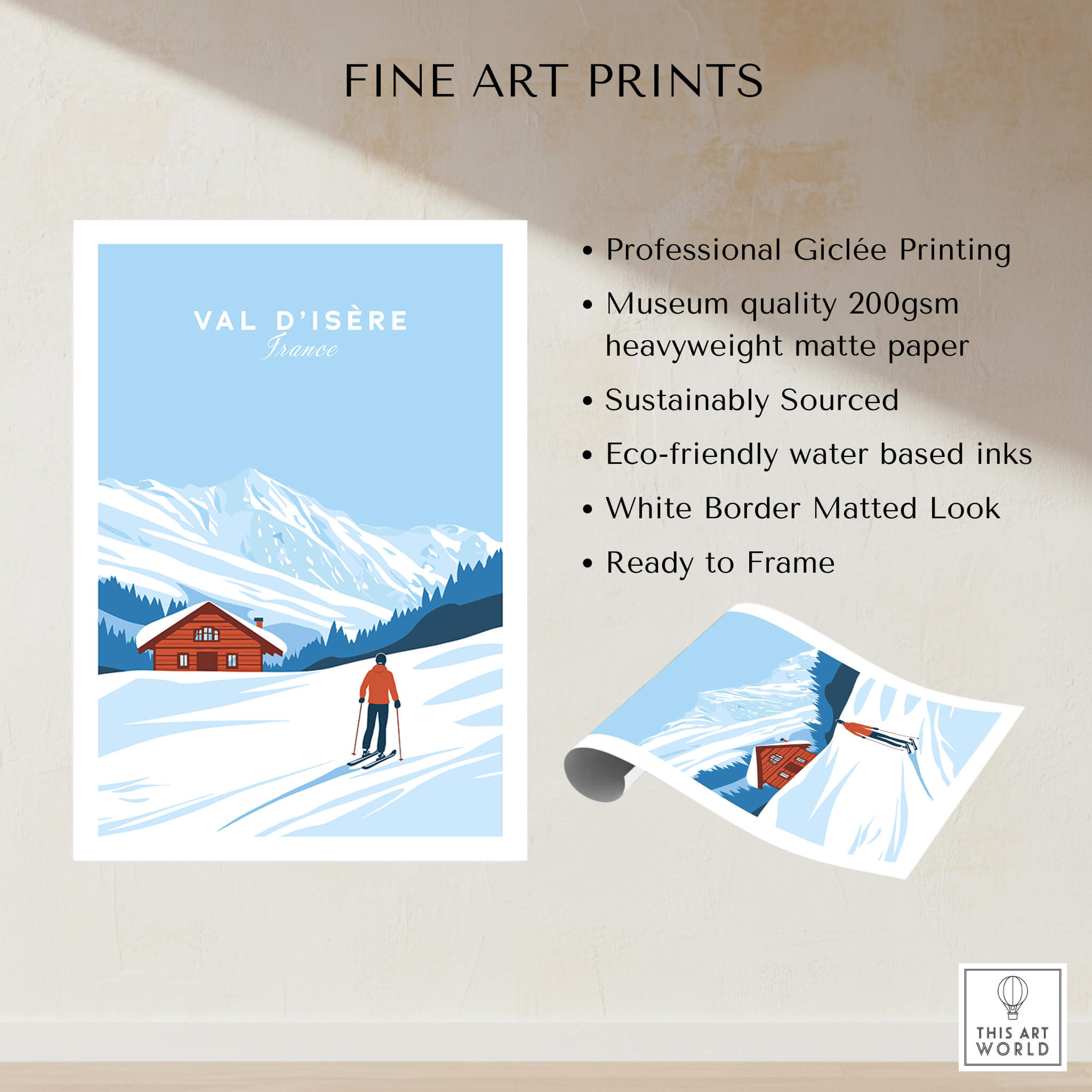 Val-d'Isère Poster France featuring a skier in a snowy landscape with a chalet and mountains in the background.