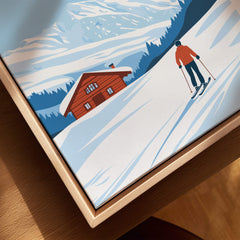Val-d'Isère Poster France featuring a skier on snowy slopes near a cozy chalet.