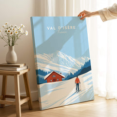 Val-d'Isère Poster France with a skier and mountain backdrop in a stylish home setting.