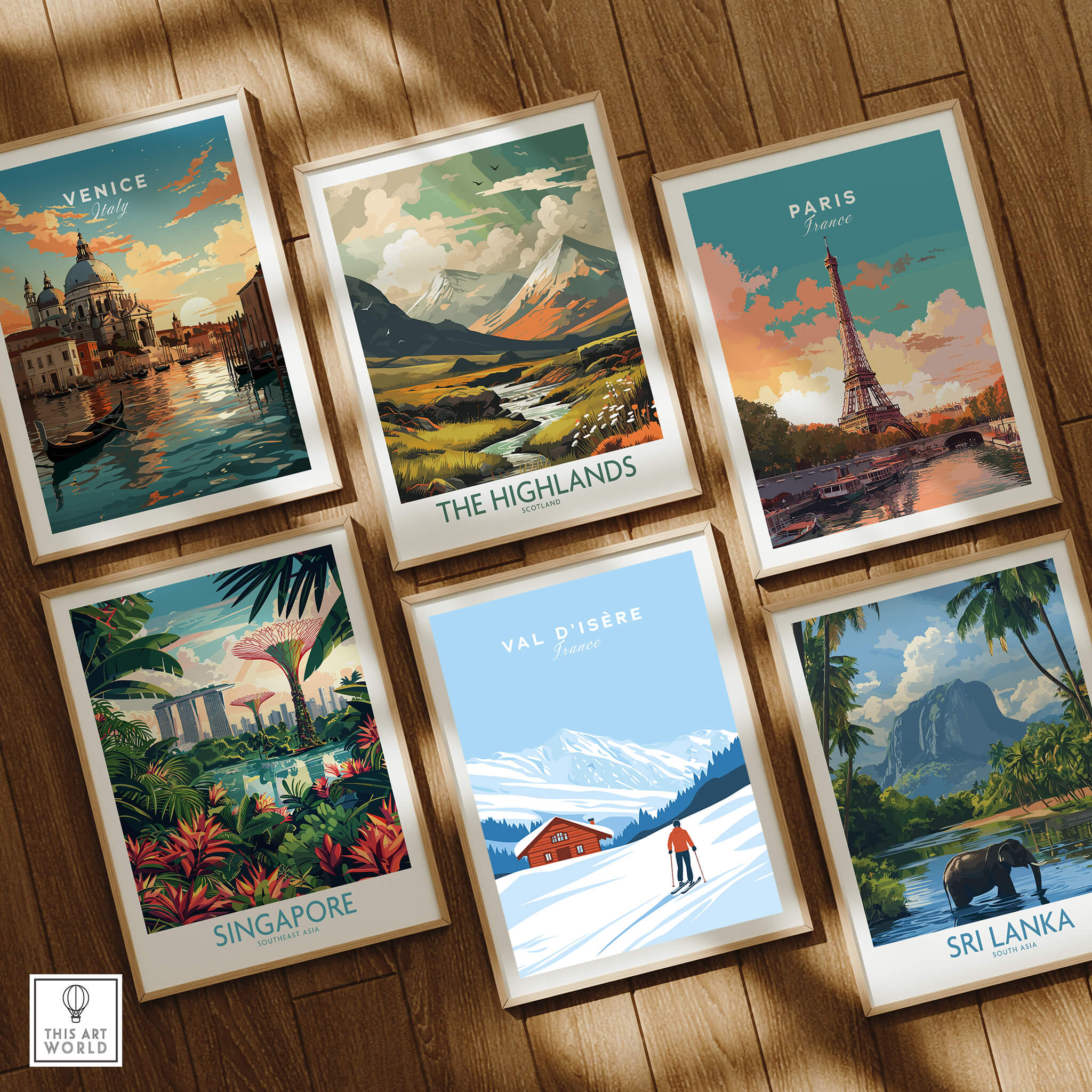 Collage of travel posters including Val-d'Isère Poster France, showcasing scenic destinations like Venice, Paris, and Singapore.