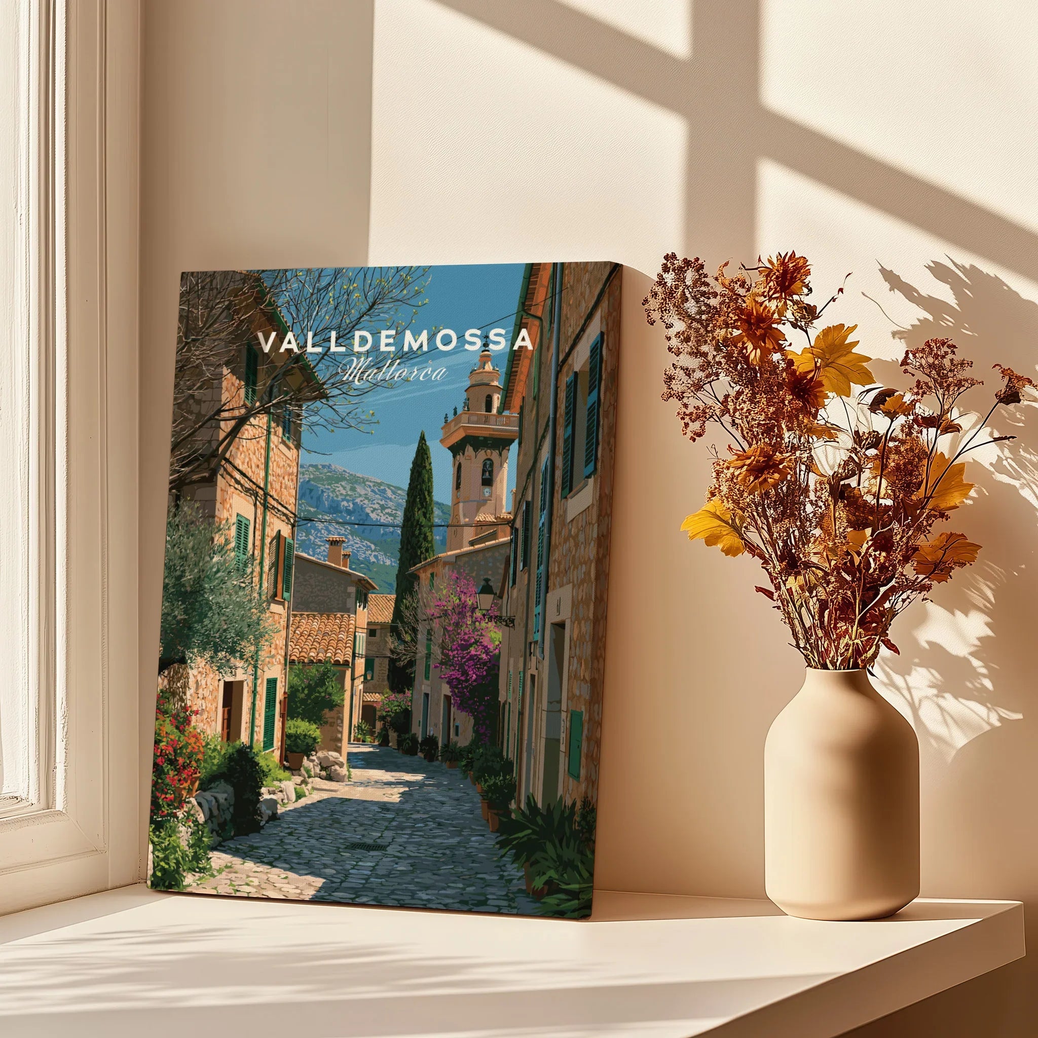 Valldemossa Mallorca Old Town Travel Poster — canvas print window setting with shadows flowers
