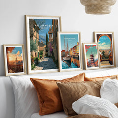Valldemossa Mallorca Old Town Travel Poster — set five framed artprints above bed natural wood frames