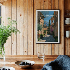 Valldemossa Mallorca Old Town Travel Poster — black framed art print kitchen setting