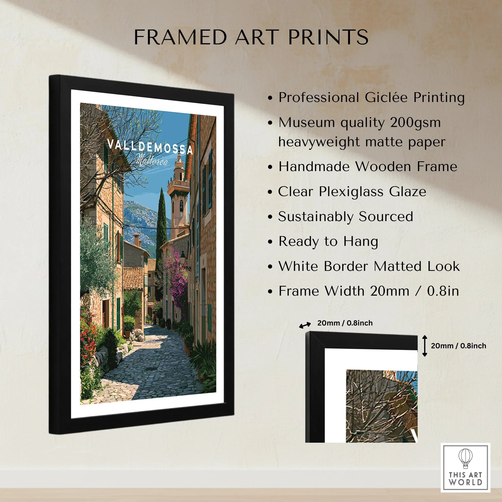 Valldemossa Mallorca Old Town Travel Poster — framed print details measurements quality details