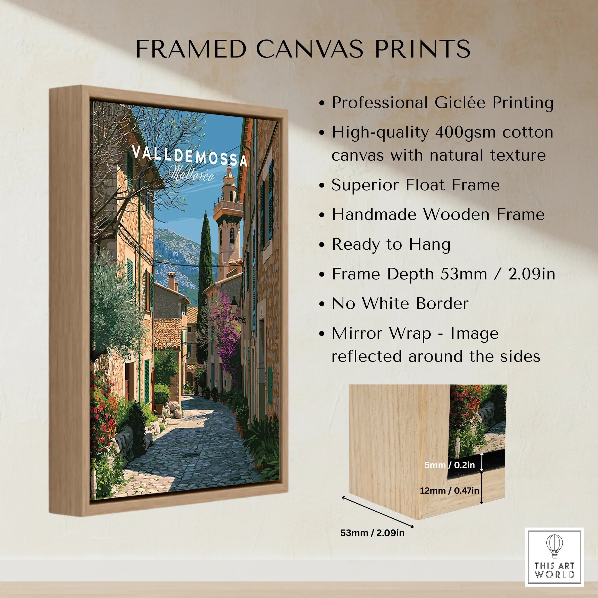 Valldemossa Mallorca Old Town Travel Poster — framed canvas float frame details quality