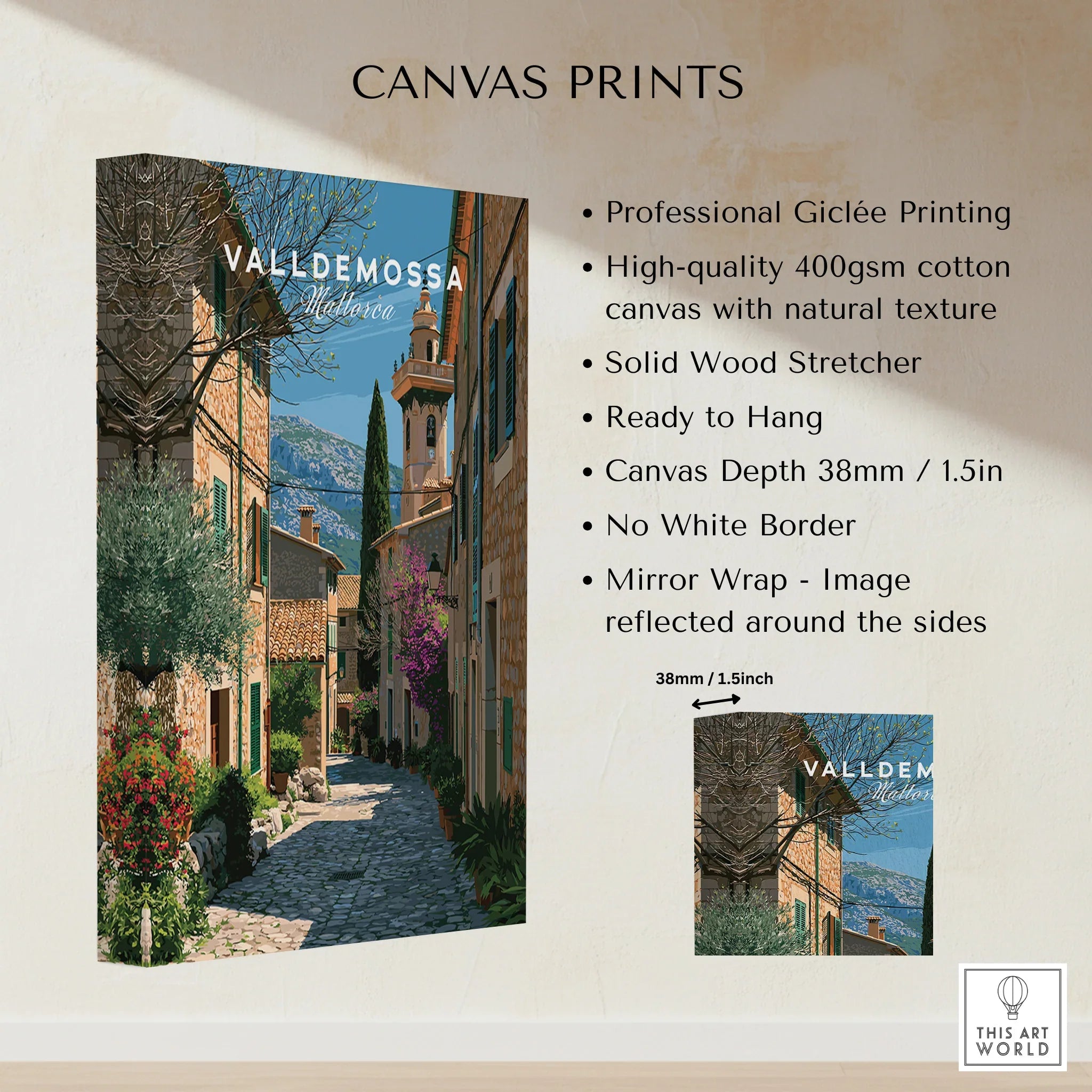 Valldemossa Mallorca Old Town Travel Poster — canvas print stretched cotton canvas details
