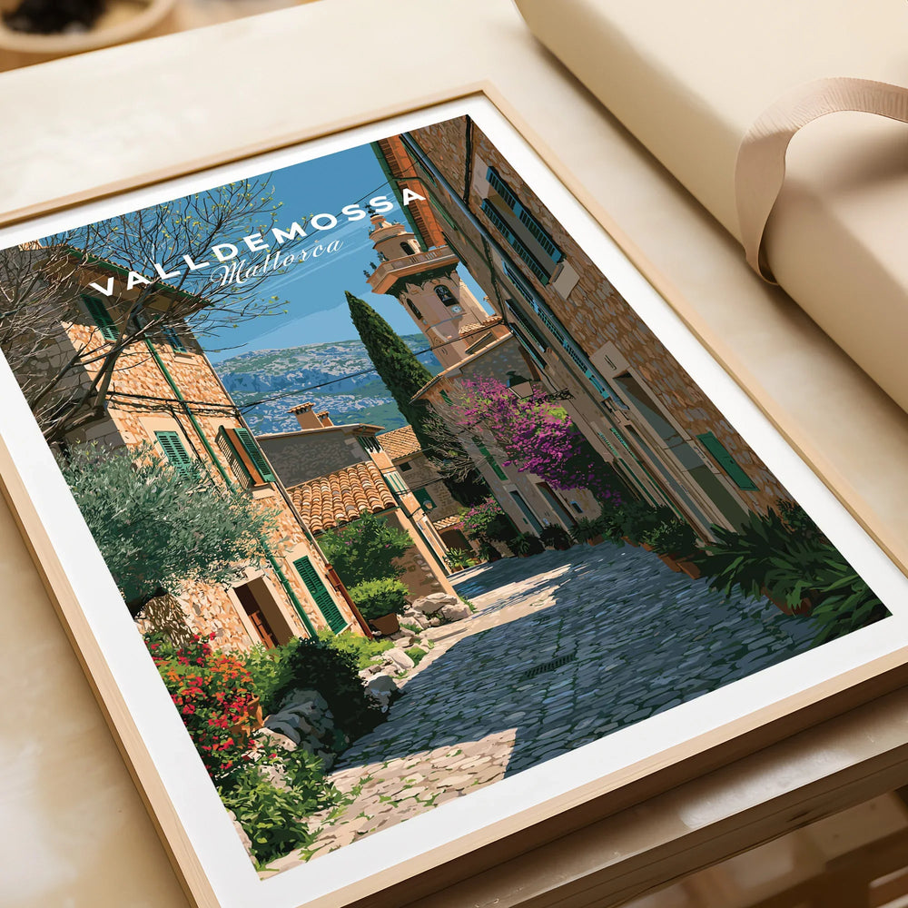 Valldemossa Mallorca Old Town Travel Poster — framed art print closeup gift unwrapped natural frame
