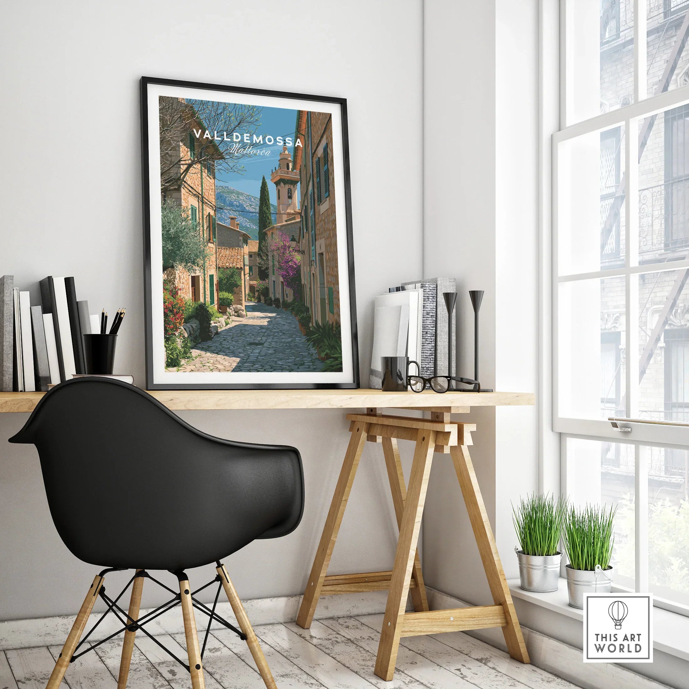 Valldemossa Mallorca Old Town Travel Poster — framed poster black frame on office desk modern