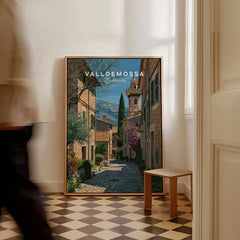 Valldemossa Mallorca Old Town Travel Poster — framed canvas on floor man walking past