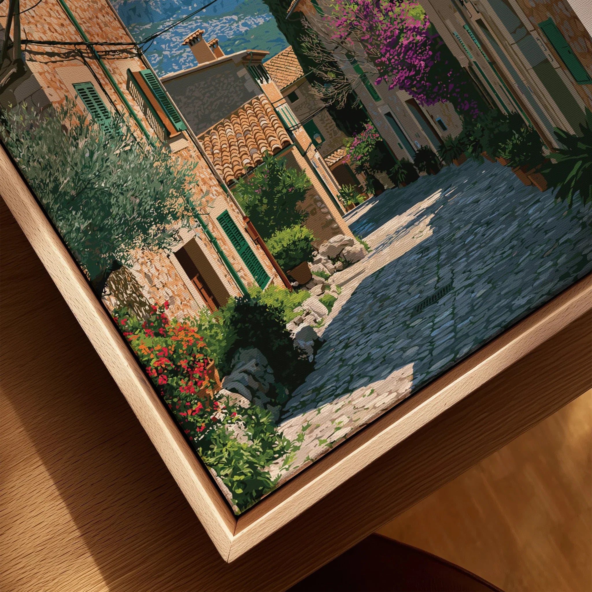 Valldemossa Mallorca Old Town Travel Poster — closeup framed canvas natural wood floating frame