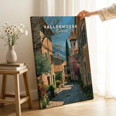 Valldemossa Mallorca Old Town Travel Poster — canvas print mirror edge hand holding room setting