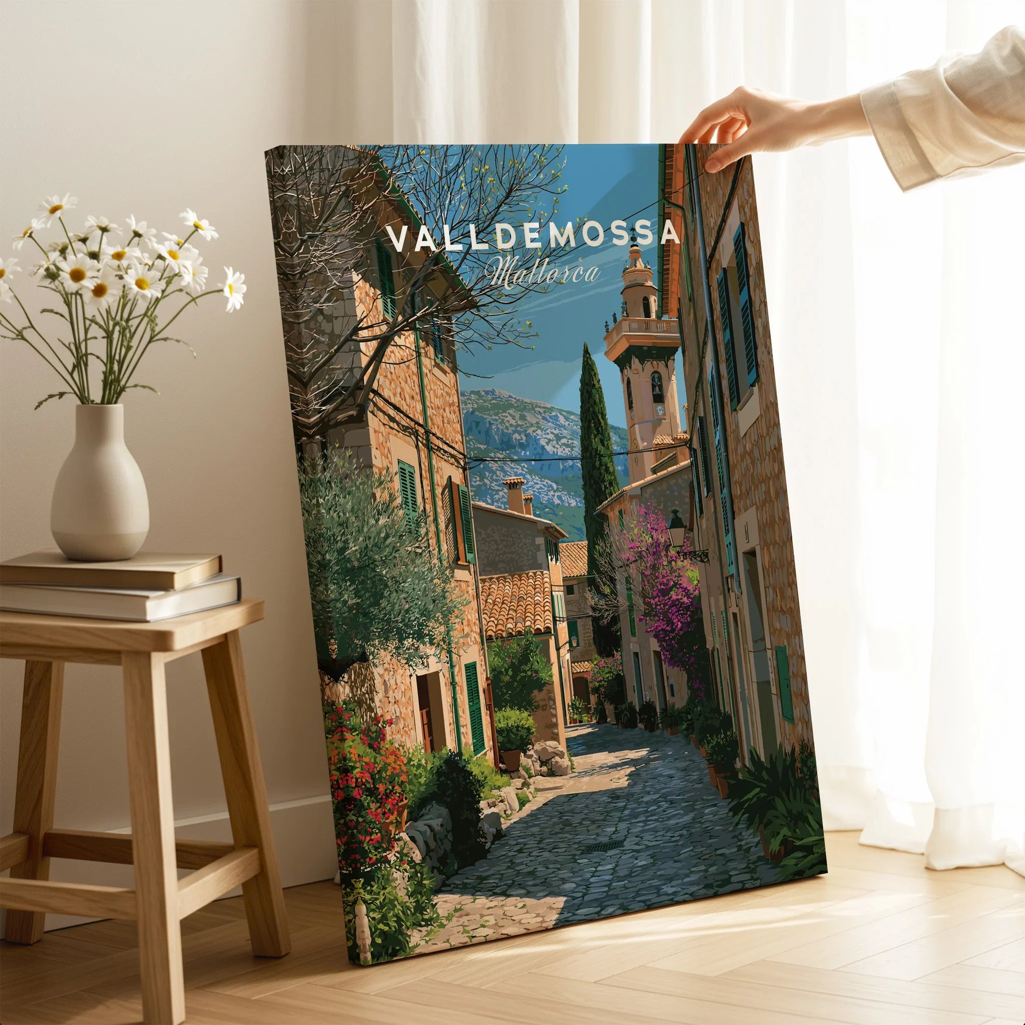 Valldemossa Mallorca Old Town Travel Poster — canvas print mirror edge hand holding room setting