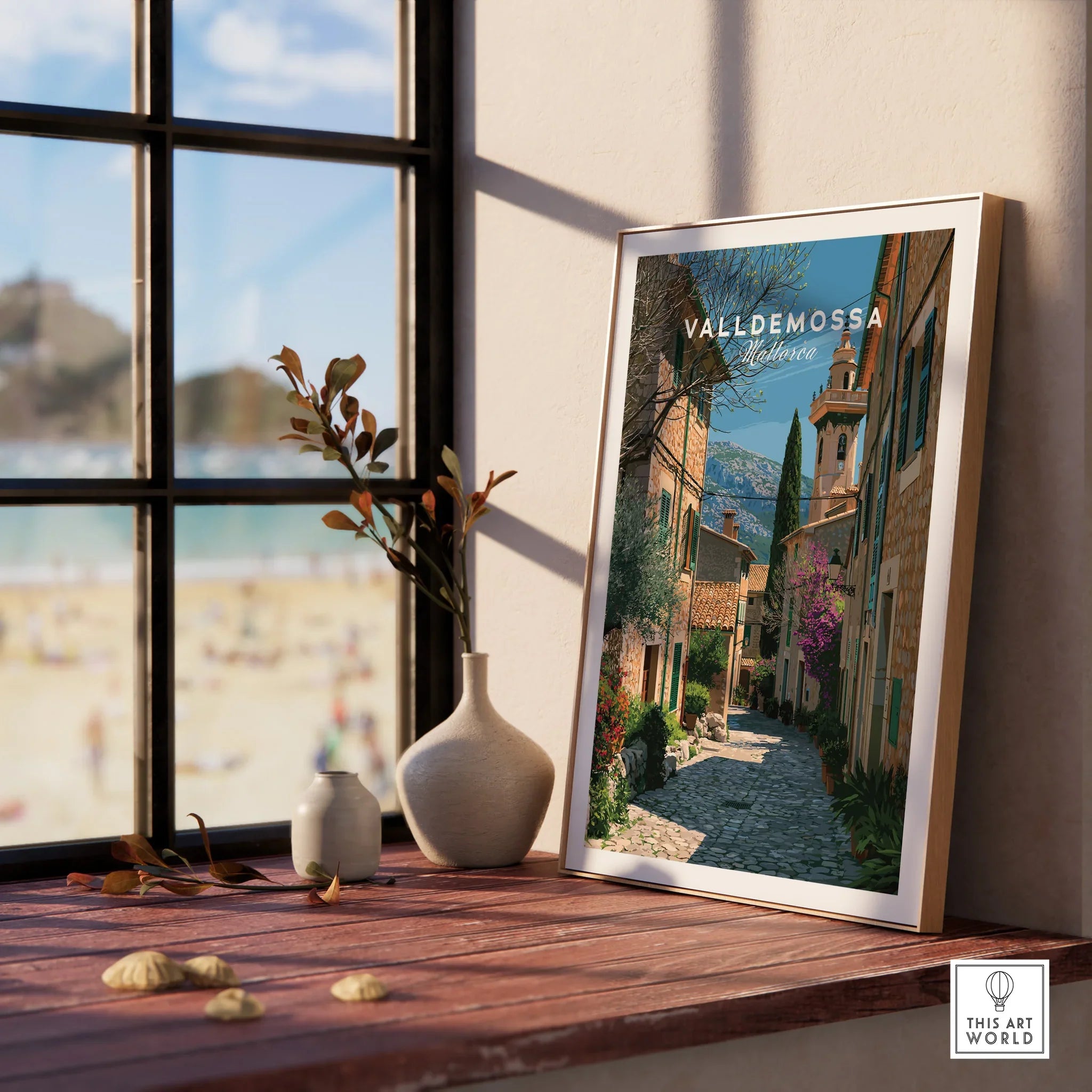 Valldemossa Mallorca Old Town Travel Poster — framed print window view natural wood frame