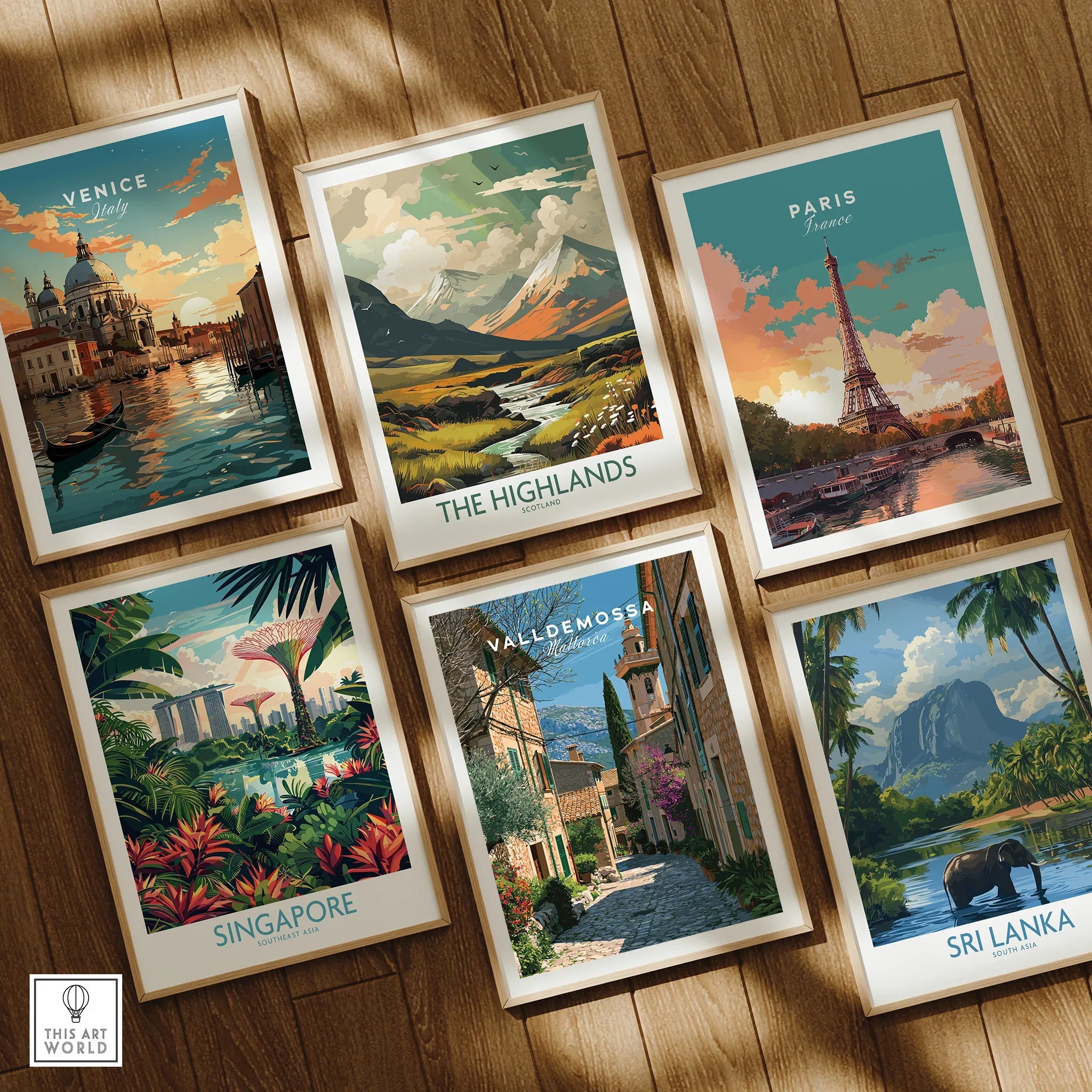 Valldemossa Mallorca Old Town Travel Poster — set six framed art prints wooden floor natural wood frames
